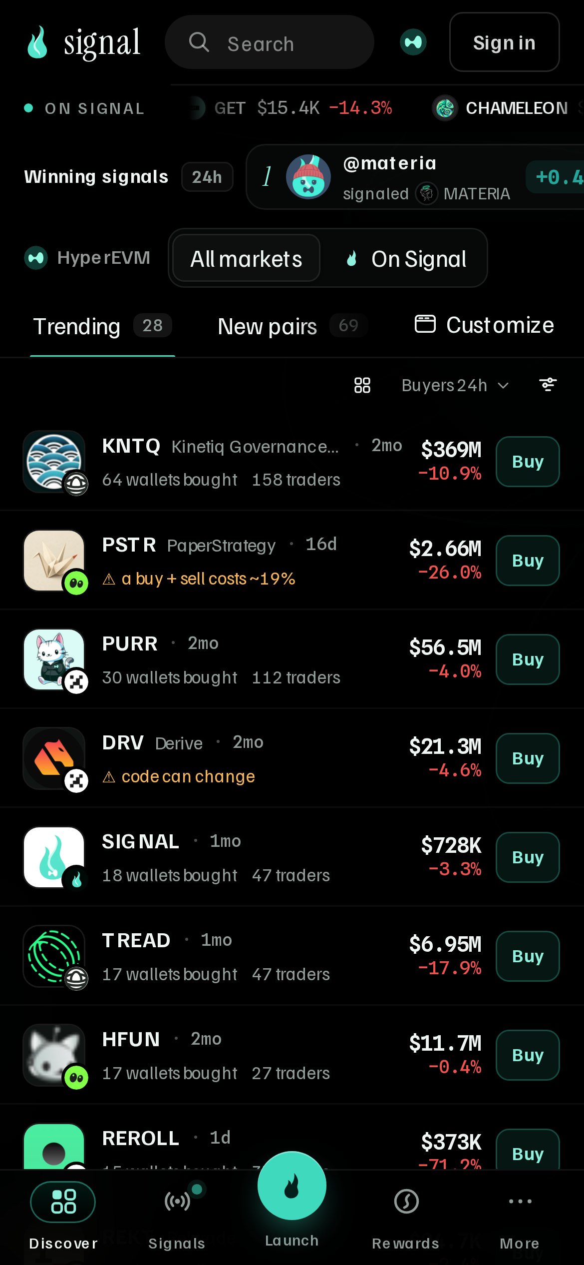 Signal on a phone: a list of markets, each with a one-tap Buy button